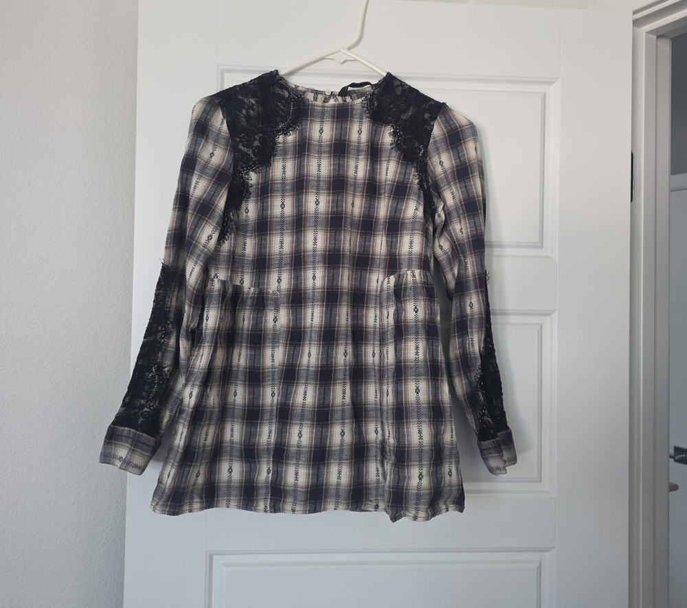 Zara Black and Cream Plaid Blouse with Black Lace Trim
